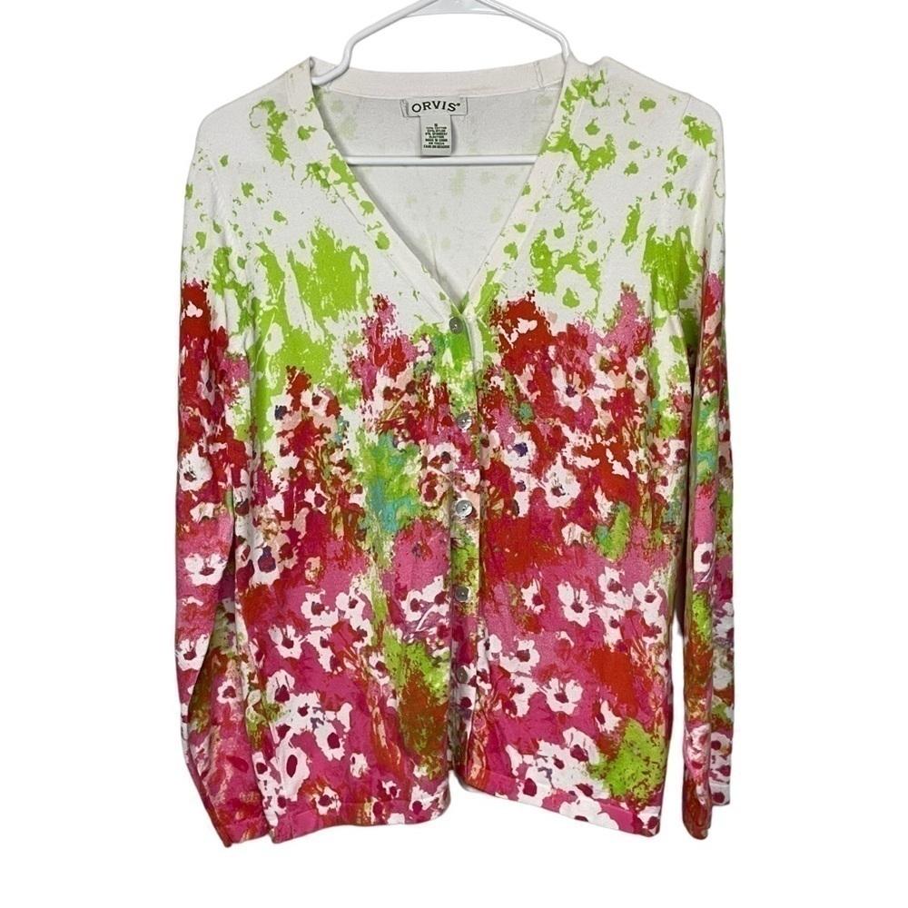 Orvis Floral Watercolor Button Front Cardigan Small